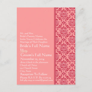 Raspberry & White Damask  Wedding Invitation Postcard