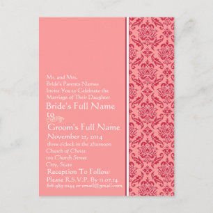 Raspberry & White Damask  Wedding Invitation Postcard