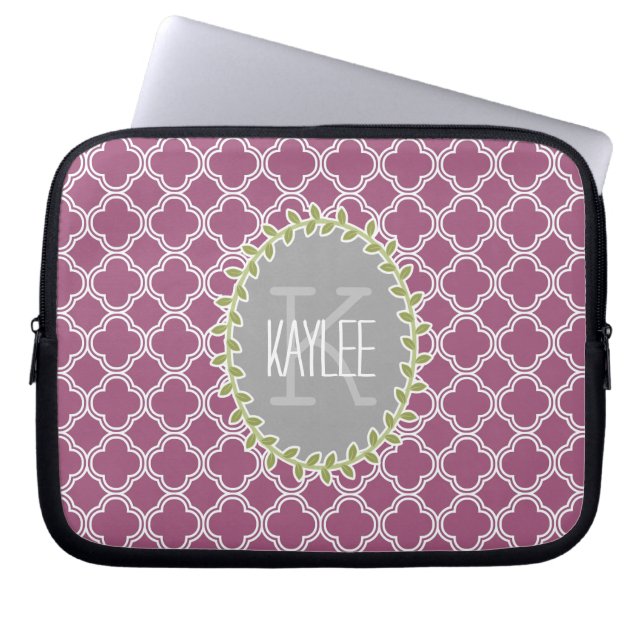 Raspberry White Lattice Pattern Monogrammed Vine Laptop Sleeve (Front)