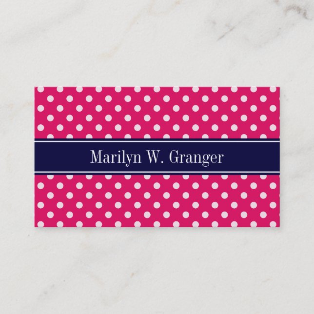 Raspberry White Polka Dots Navy Blue Name Monogram Business Card (Front)