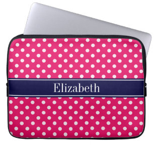 Raspberry White Polka Dots Navy Blue Name Monogram Laptop Sleeve