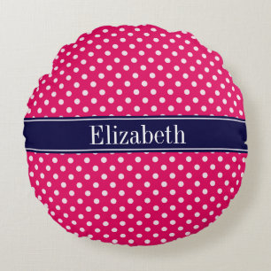 Raspberry White Polka Dots Navy Blue Name Monogram Round Cushion
