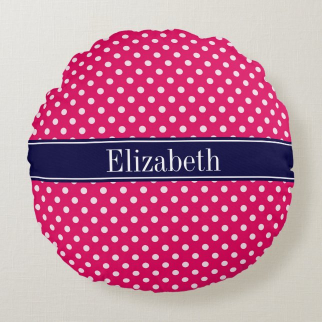 Raspberry White Polka Dots Navy Blue Name Monogram Round Cushion (Front)