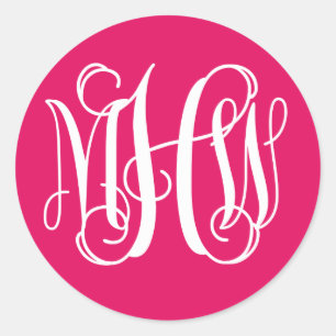 Raspberry White Preppy Vine Script Monogram DIY BG Classic Round Sticker