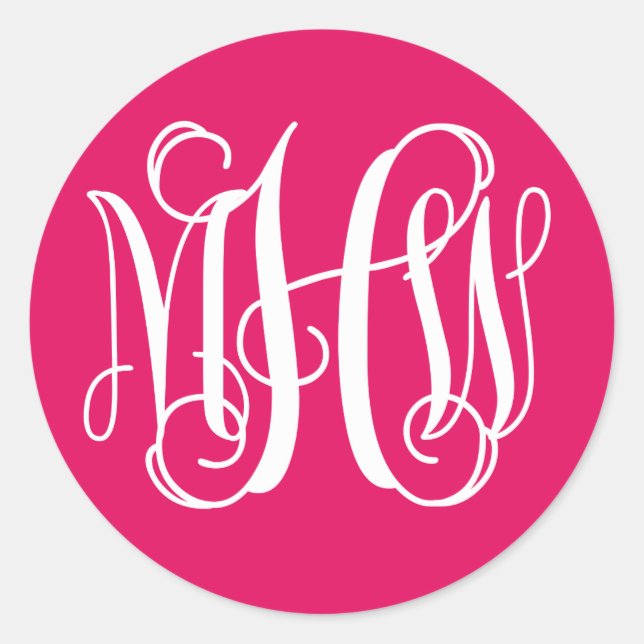 Raspberry White Preppy Vine Script Monogram DIY BG Classic Round Sticker (Front)