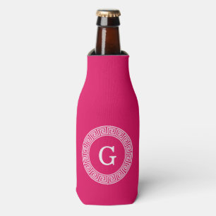Raspberry Wht Greek Key Rnd Frame Initial Monogram Bottle Cooler
