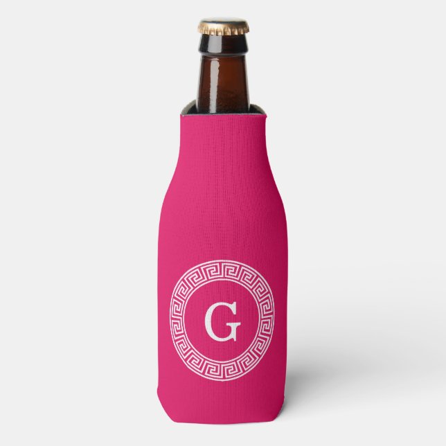 Raspberry Wht Greek Key Rnd Frame Initial Monogram Bottle Cooler (Bottle Front)