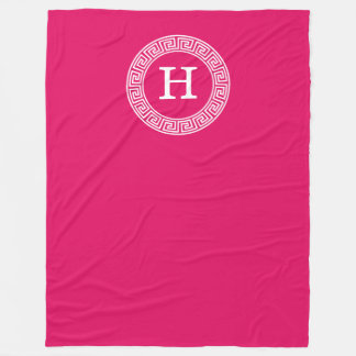 Raspberry Wht Greek Key Rnd Frame Initial Monogram Fleece Blanket
