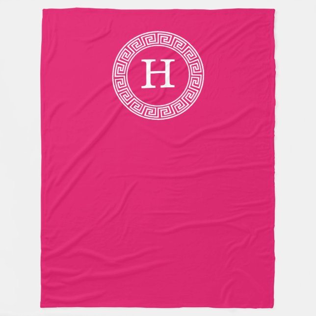 Raspberry Wht Greek Key Rnd Frame Initial Monogram Fleece Blanket (Front)