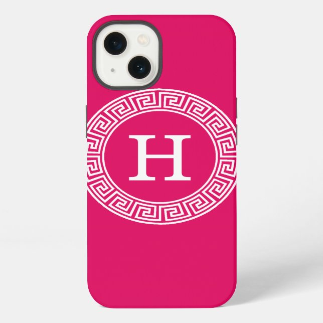 Raspberry Wht Greek Key Rnd Frame Initial Monogram iPhone Case (Back)
