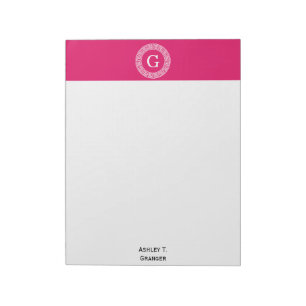 Raspberry Wht Greek Key Rnd Frame Initial Monogram Notepad