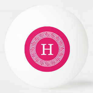 Raspberry Wht Greek Key Rnd Frame Initial Monogram Ping Pong Ball