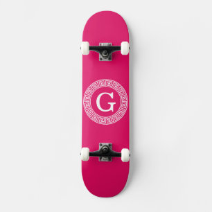 Raspberry Wht Greek Key Rnd Frame Initial Monogram Skateboard