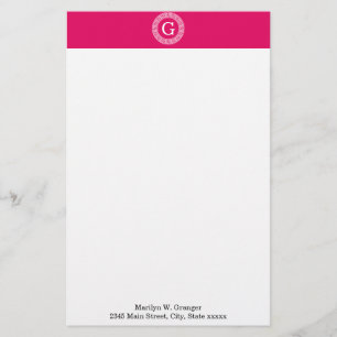Raspberry Wht Greek Key Rnd Frame Initial Monogram Stationery