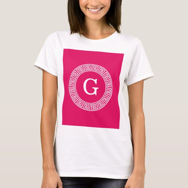 Raspberry Wht Greek Key Rnd Frame Initial Monogram T-Shirt (Front)