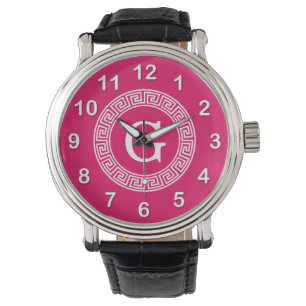 Raspberry Wht Greek Key Rnd Frame Initial Monogram Watch