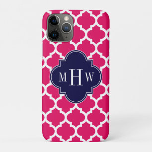 Raspberry Wht Moroccan #5 Navy 3 Initial Monogram iPhone 11 Pro Case