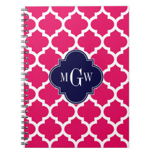 Raspberry Wht Moroccan #5 Navy 3 Initial Monogram Notebook