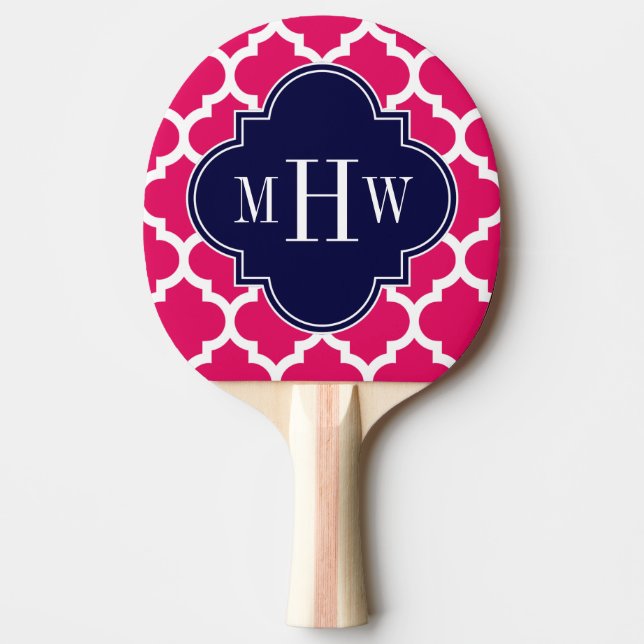 Raspberry Wht Moroccan #5 Navy 3 Initial Monogram Ping Pong Paddle (Front)