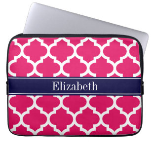 Raspberry Wht Moroccan #5 Navy Blue Name Monogram Laptop Sleeve