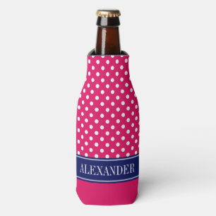 Raspberry Wht Polka Dot CB Navy Name Monogram Bottle Cooler