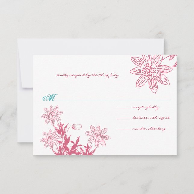 Raspberry Wild Flower Wedding RSVP Card (Front)