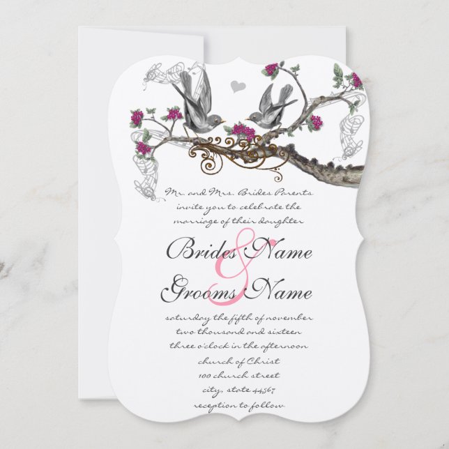 Raspberry Wine Vintage Birds Wedding Invitation (Front)