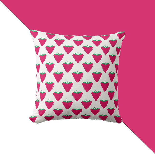Rasperry Pink Berry Fruit Pattern Cushion (A throw pillow with a pattern of pink raspberries with green stems.)