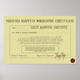 RASPUTIN WORSHIPPER CERTIFICATE POSTER