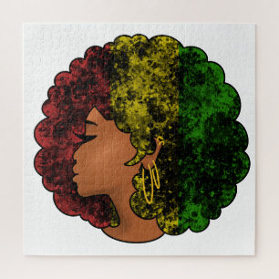 Rasta black girl woman afro red yellow green jigsaw puzzle