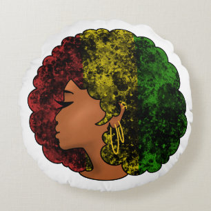 Rasta black girl woman afro red yellow green round cushion