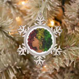 Rasta black girl woman afro red yellow green snowflake pewter christmas ornament