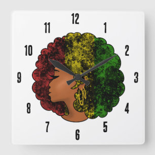 Rasta black girl woman afro red yellow green square wall clock