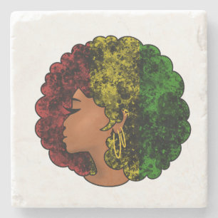 Rasta black girl woman afro red yellow green stone coaster