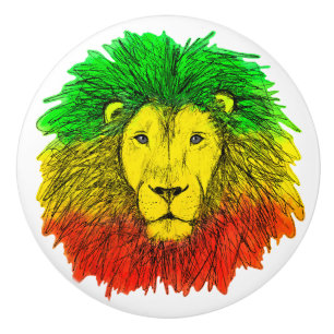 Rasta lion head red yellow green drawing Jamaica Ceramic Knob