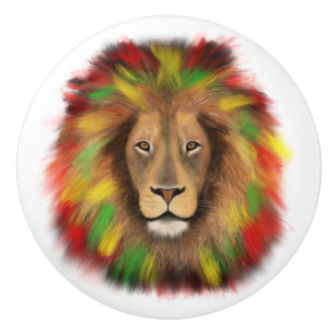 Rasta lion head red yellow green drawing Jamaica Ceramic Knob