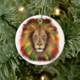 Rasta lion head red yellow green drawing Jamaica Ceramic Ornament