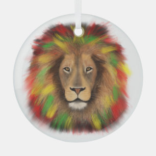 Rasta lion head red yellow green drawing Jamaica  Glass Tree Decoration