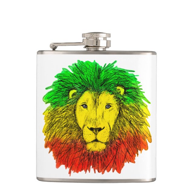 Rasta lion head red yellow green drawing Jamaica  Hip Flask (Front)
