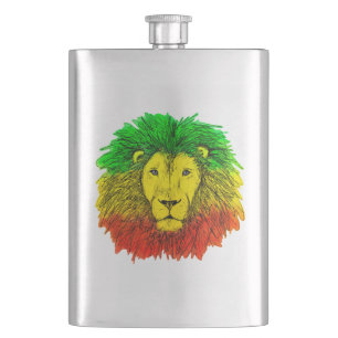 Rasta lion head red yellow green drawing Jamaica Hip Flask