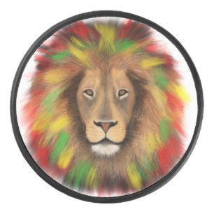 Rasta lion head red yellow green drawing Jamaica Hockey Puck