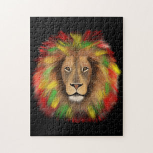 Rasta lion head red yellow green drawing Jamaica Jigsaw Puzzle