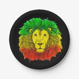 Rasta lion head red yellow green drawing Jamaica Paper Plate