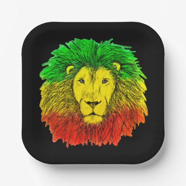 Rasta lion head red yellow green drawing Jamaica  Paper Plate (Front)