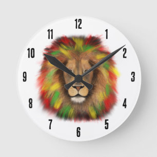 Rasta lion head red yellow green drawing Jamaica  Round Clock