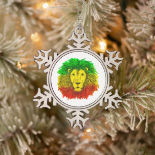 Rasta lion head red yellow green drawing Jamaica Snowflake Pewter Christmas Ornament