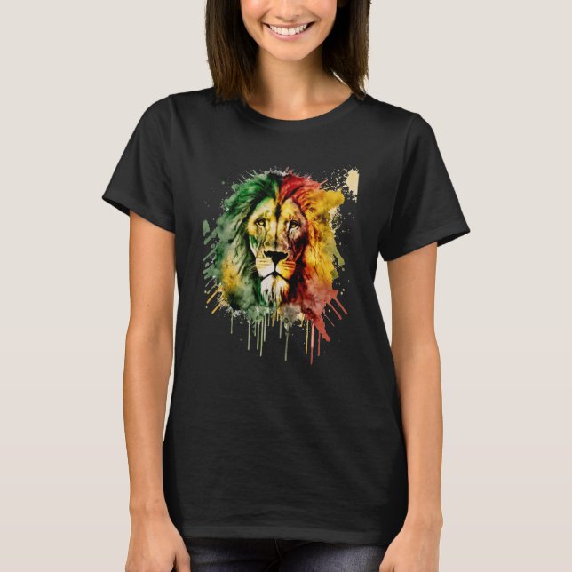 Rasta Lion Rastafari Watercolor Reggae & Jamaica V T-Shirt (Front)