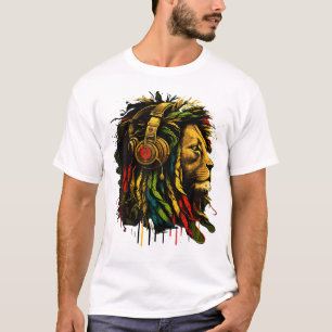 Rasta Reggae Music Headphones Jamaican Pride Lion  T-Shirt