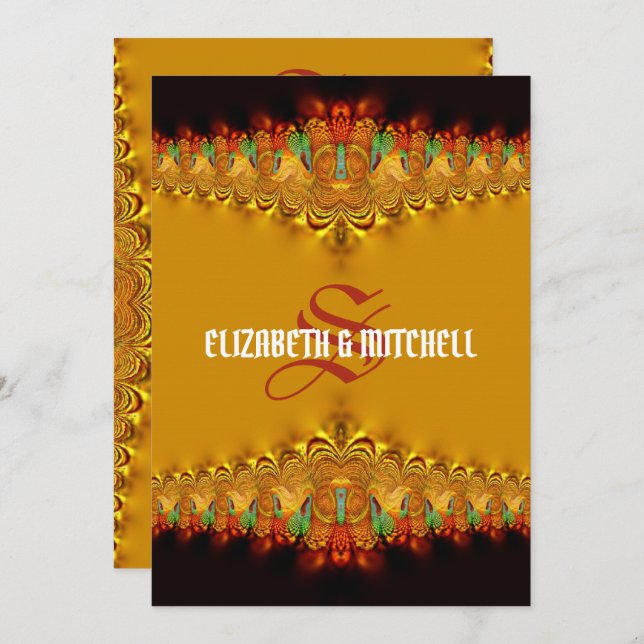 Rasta Tango Gold Lace Monogram Wedding Invitation (Front/Back)