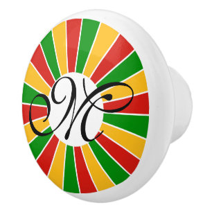 RASTAFARI FLAG BUTTON RAYS + your sign or monogram Ceramic Knob